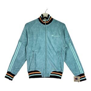 New Champion Men US XS Blue Zip-up Jacket Casual Sport Velor Sweatshirt